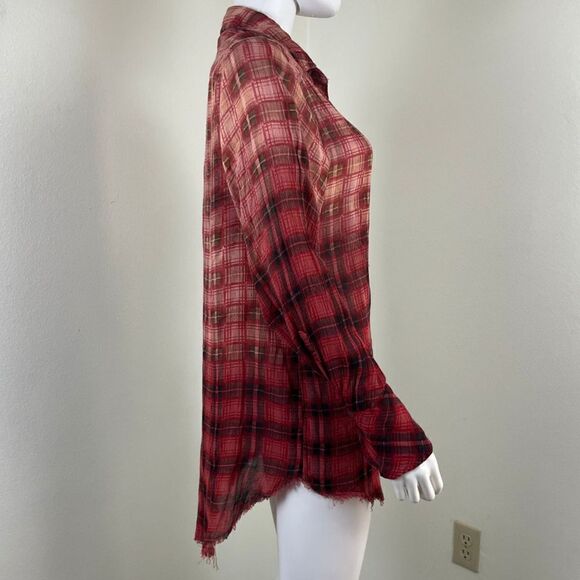 Free People Womens Size XS Red Festival Plaid Distressed Button Up High Low Top - Picture 10 of 14